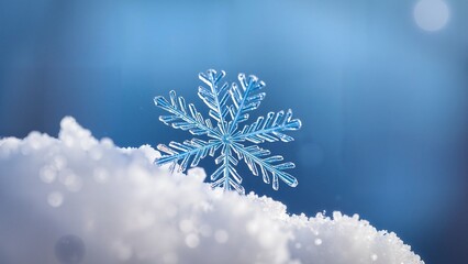 Macro Shot of a Winter Snowflake - Close-up macro shot of a snowflake in the snow with a blue background