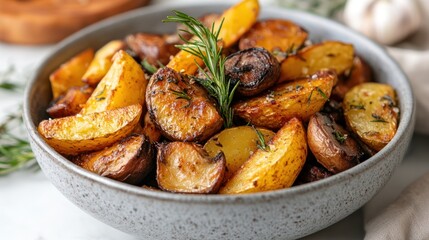 Fototapeta premium Roasted potato and mushroom wedges in bowl.
