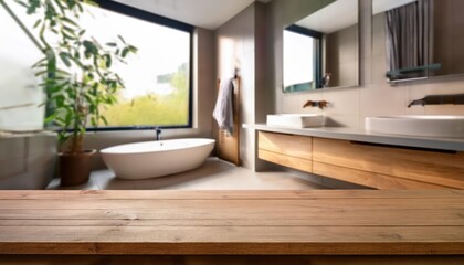 Empty Wooden Table in a Stylish Blurred Bathroom Interior Minimalist Elegance Meets Modern Allure, with Rich Tones and Textures