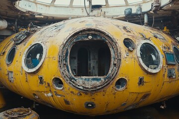 Obraz premium Rusted yellow submersible, interior exposed