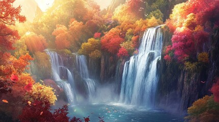Fototapeta premium Autumn waterfall cascading through colorful forest