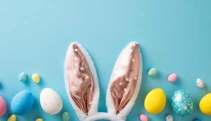 Easter party concept. Top view photo of easter bunny ears white pink blue and yellow eggs on isolated pastel blue background with copyspace in the middle.Generated image