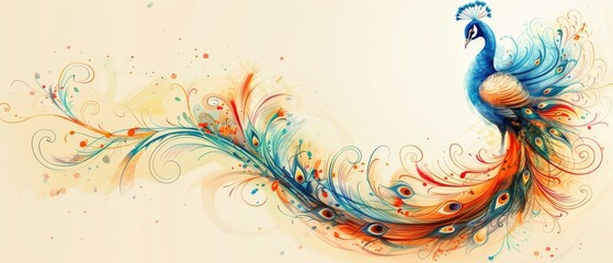 A beautifully crafted peacock displays its colorful plumage, featuring elegant shooting effects and swirling artistic designs that enhance its graceful appearance.