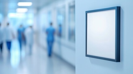 Blank hospital wall sign, blurred medical personnel background