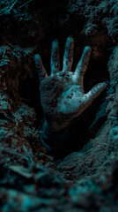 A man's hand sticking out of the ground with earth textures. Hand on the ground creating a dramatic and intriguing scene.