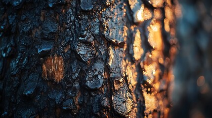 Dark Tree Bark Texture Golden Sunlight Abstract Nature Photography Background Detailed Closeup Rough Surface Autumnal Forest Wooden Pattern Natural   