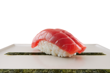 A Single Piece of Exquisite Tuna Nigiri Sushi on a White Plate