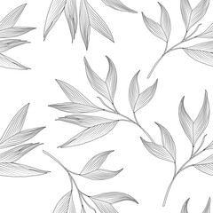 Black and white seamless pattern with palm leaves.