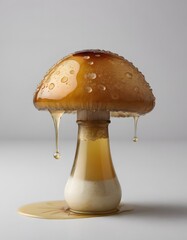 An isolated mushroom with honey dripping down its stem and cap