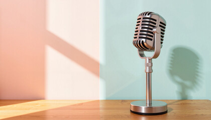 Antique retro microphone on wooden table with pastel colors, nostalgia