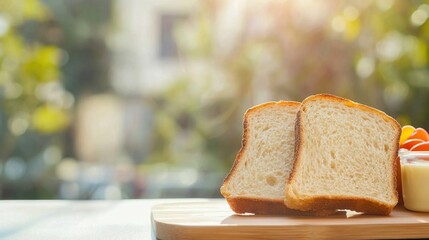 Appealing Display of Two Slices of Premium Toast on Wooden Board with Fruits and Yogurt