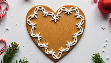Gingerbread heart with icing patterns in winter holiday setting, warmth
