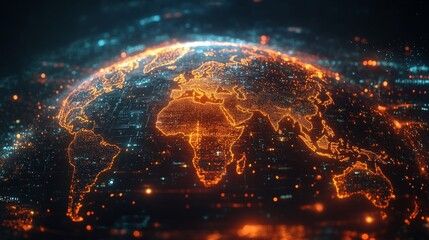 Global Digital Network Connection with Glowing Points Around the World