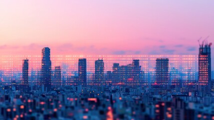 Stunning City Skyline at Dusk Featuring Brightly Lit Buildings Against a Colorful Sky, Programming drives software innovation concept.