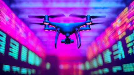 Drone in Flight Capturing Aerial Footage at a Tech Conference with Colorful Backgrounds, Programming drives software innovation concept.