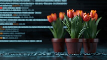 Digital Garden with Tulips Surrounded by Programming Languages on a Dark Background, Programming drives software innovation concept.
