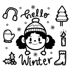 Cute Set Of Hand Drawn Girl Greeting Hello Winter Vector Collections Black And White Outline 