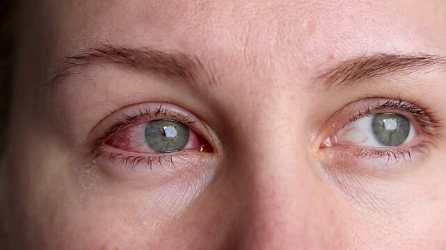 Close up of female face with one red eye suffering from infection conjunctivitis