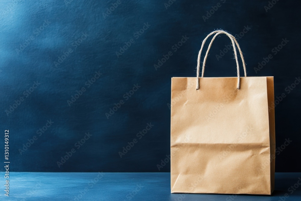 Poster Brown paper bag placed on a blue surface with a plain background highlighting its simple design and texture