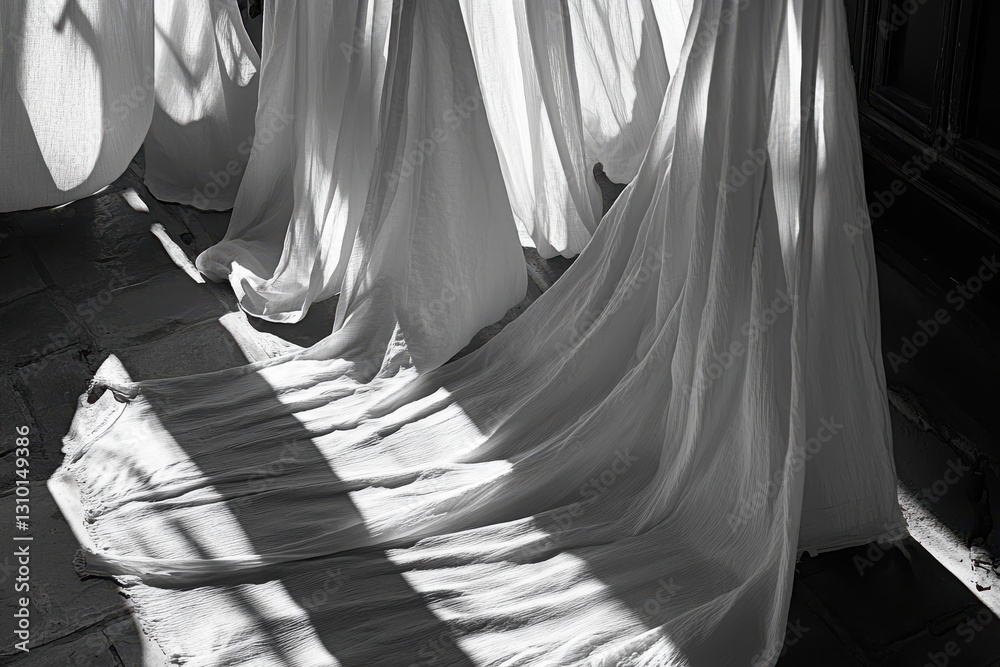 Poster soft white drapes cascade elegantly across stone floor with contrasting shadows from sunlight