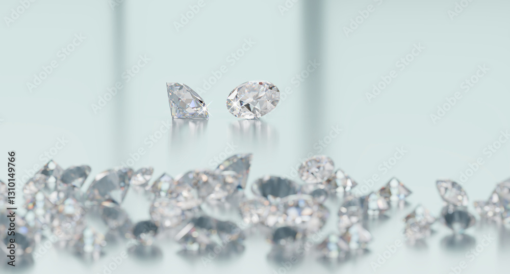 Poster round brilliant diamonds group placed on glossy background 3d rendering main object focusing