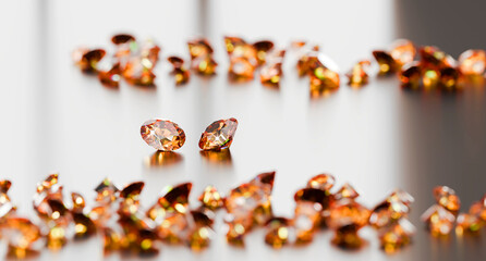 Amber diamond topaz Gem placed on glossy background 3d rendering soft focus	
