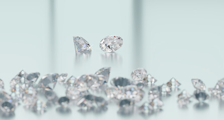 Round Brilliant Diamonds group placed on glossy background 3d Rendering Main Object Focusing	
