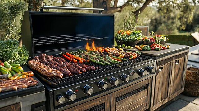 premium outdoor grill setup with flame grilled meat and fresh vegetables providing a gourmet backyard barbecue culinary experience
