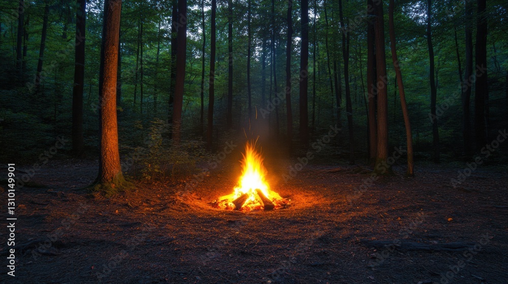 Poster solitary campfire illuminating a forest clearing at night surrounded by towering trees and quiet atm