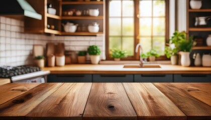 Fototapeta premium Empty Wooden Table in Rustic Kitchen Ambience, Framed by a Blurred Background of Warm Tones and Nature, Ideal for Minimalist Product Presentations or Home Decor.