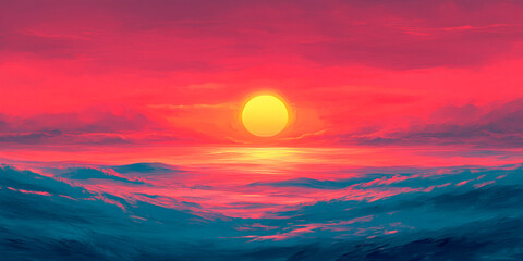 Golden Sunrise Over A Vast Ocean With Gentle Waves And A Warm, Colorful Sky. A Serene Digital Painting Depicting The Beauty Of Nature, Tranquility, And The Majestic Glow Of The Rising Sun.
