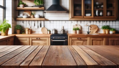 Antique Wooden Table Framed by a Blurred Rustic Kitchen Backdrop A Timeless Vignette for Product Showcasing, Evoking Warmth and Simplicity.