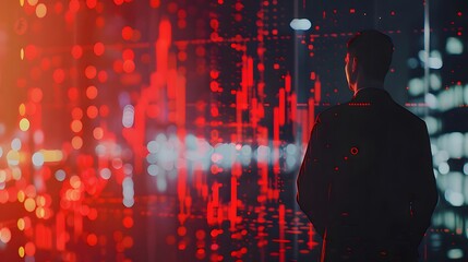 Analyst reviewing data, city night backdrop