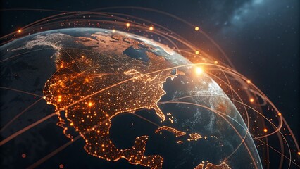 Digital world map and global network connections, representing the concept of international business .