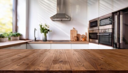 Empty Modern Kitchen with a Rustic Wooden Table A Minimalist Oasis Amidst Clean Lines and Textured Neutrals, Radiating Tranquility and Sophistication.