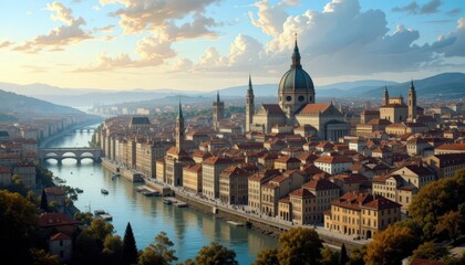 Naklejka premium Breathtaking riverside view of a historic city at sunset, showcasing stunning architecture and a vibrant atmosphere