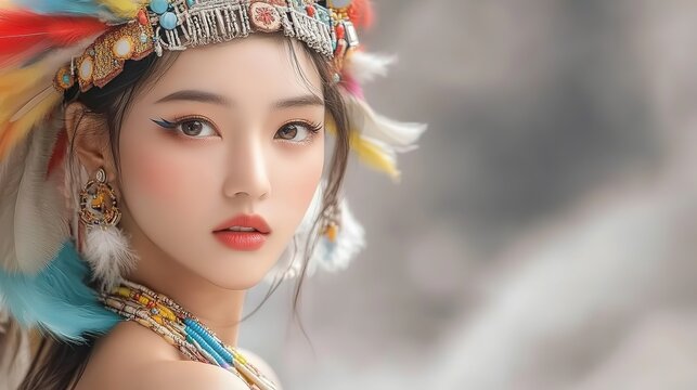 Asian woman wearing traditional tribal headdress outfit decorated with vibrant feathers of various colors,