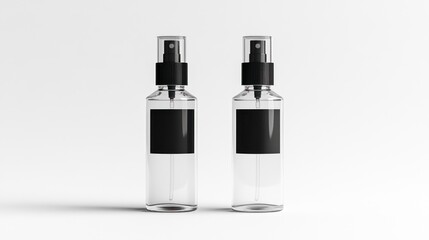 Naklejka premium Two clear glass spray bottles with black labels