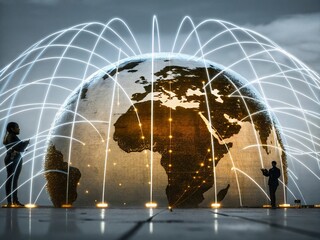 Digital world map and global network connections, representing the concept of international business .