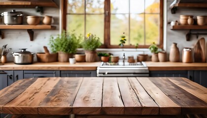 Rustic Charm An Empty Wooden Table in a Cozy Kitchen, Bathed in Natural Light and Exuding Warmth and Simplicity.