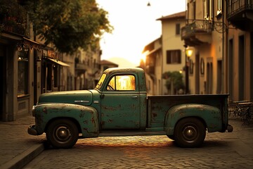Rustic teal pickup truck on cobblestone street at sunset