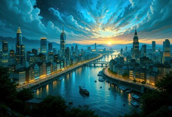 Obraz premium Majestic city skyline during twilight with vibrant clouds and serene river reflecting city lights