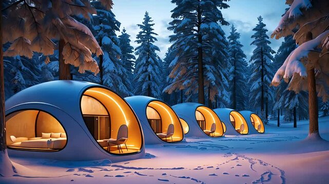 Futuristic igloo-style cabins glowing warmly in a snowy winter forest at dusk
