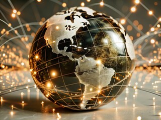 Digital world map and global network connections, representing the concept of international business .