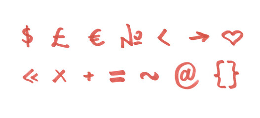 Special Characters and Punctuation Symbol Set, Hand-drawn Marker Glyphs with red color on Transparent Background