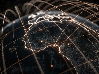Digital world map and global network connections, representing the concept of international business .