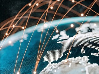 Digital world map and global network connections, representing the concept of international business .