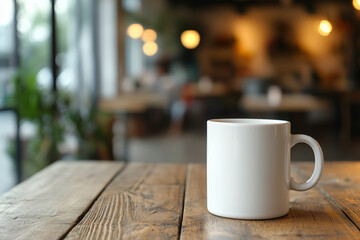 A white ceramic coffee mug on a rustic wooden table in a cozy café. Blurred background with warm ambient lighting creates a welcoming atmosphere, ideal for lifestyle and coffee-related branding