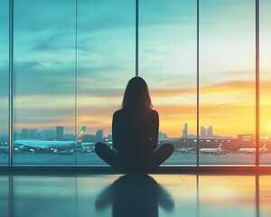 Woman meditates in airport terminal at sunset