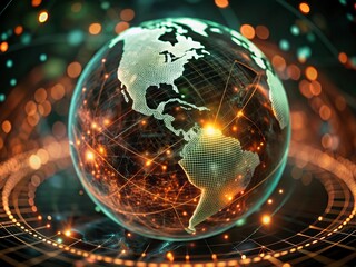 Digital world map and global network connections, representing the concept of international business .